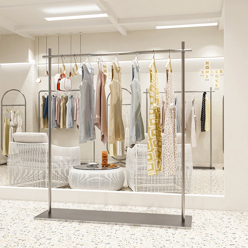 服装店展示架不锈钢拉丝银色中岛带板落地式挂衣架女装店陈列货架