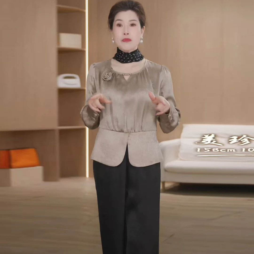 SL洋气妈妈装圆领小衫时尚套装2025春季新款中年女上衣裤子两件套