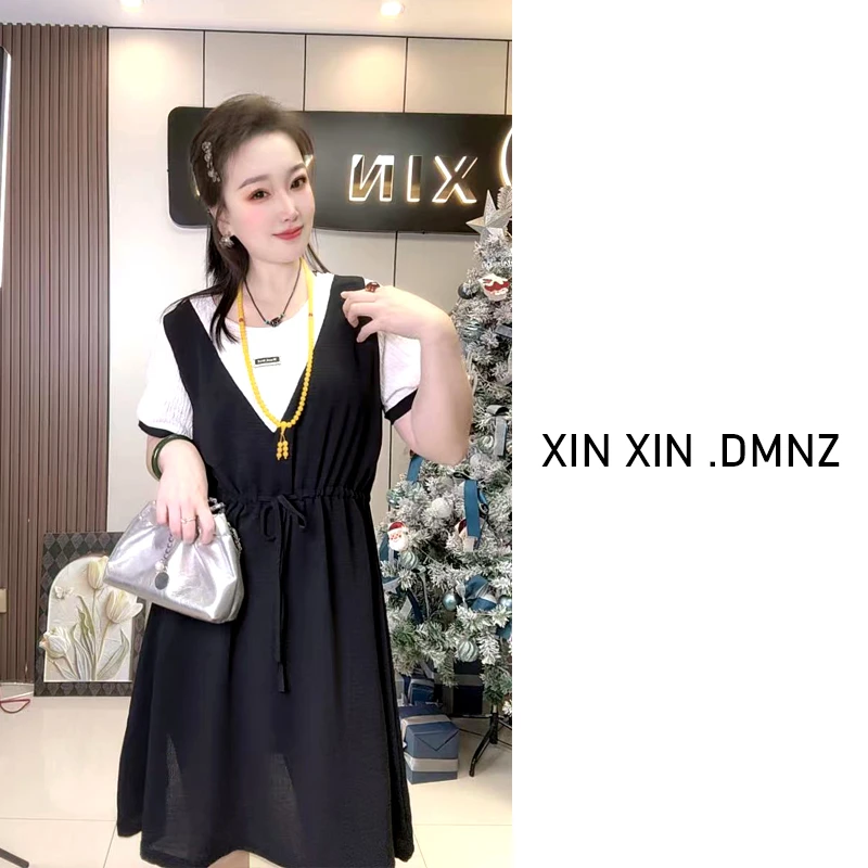 （鑫鑫甄选）夏季连衣裙时尚潮流假两件贴标减龄抽绳显瘦胖MM连衣裙