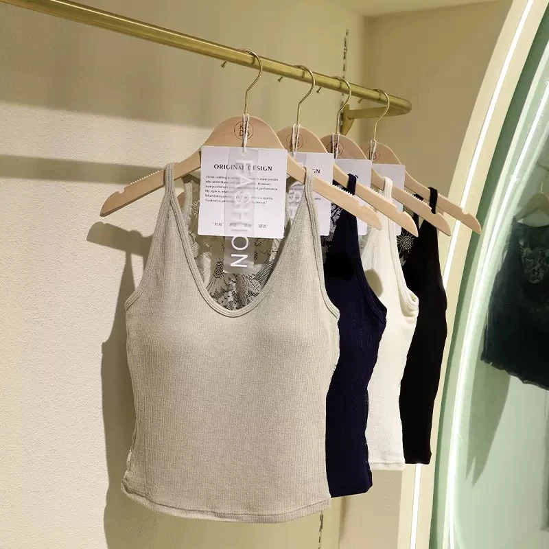 新款法式性感蕾丝拼接后背内搭螺纹弹力棉打底背心文胸抹胸女