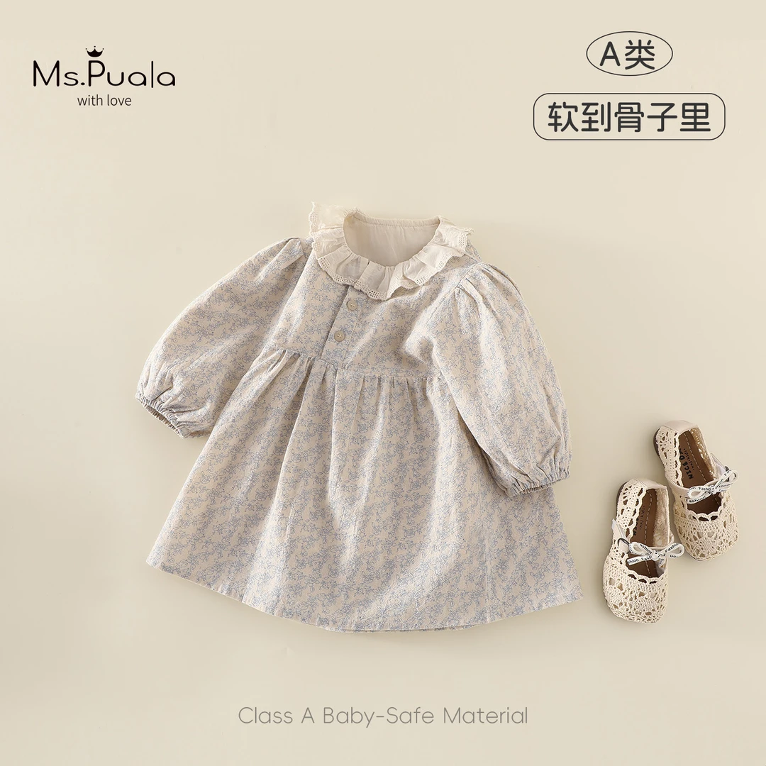 【Ms.Puala秋日圆舞曲】婴幼儿童装女宝连衣裙复古蓝白碎花长袖裙子