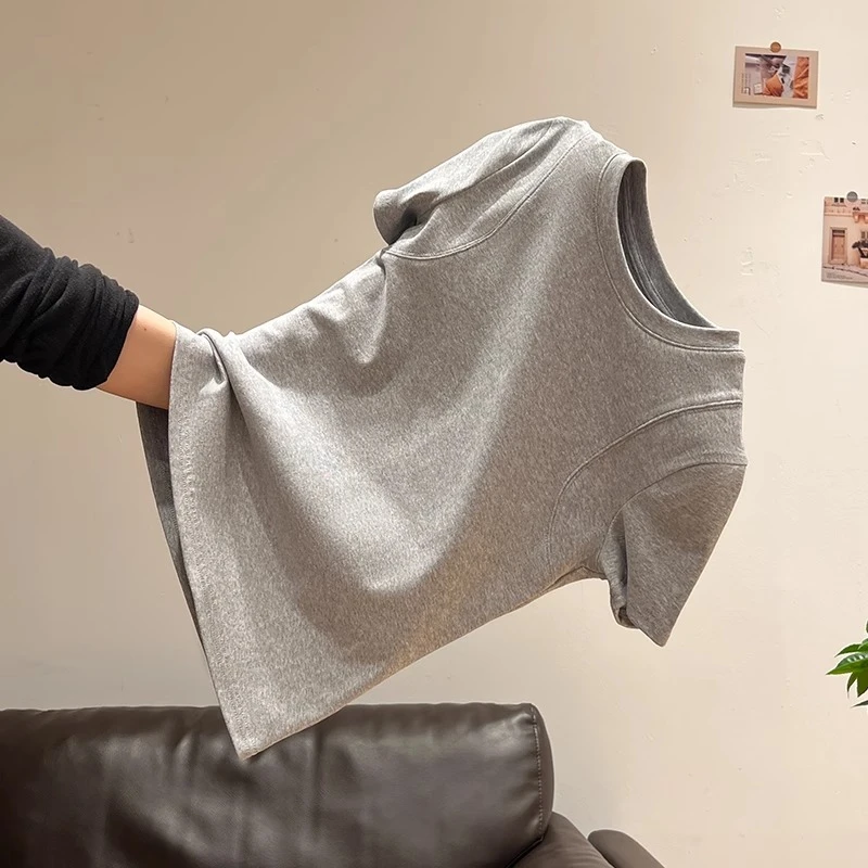 韩系纯欲圆领正肩设计感拼接短袖T恤女2025新款独特修身显瘦上衣1