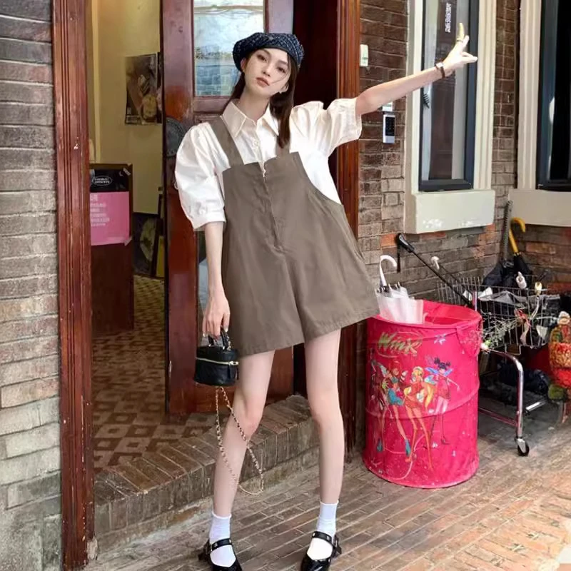 黄峥俏皮减龄设计感假两件衬衫拼接工装连体裤休闲阔腿短裤女新款