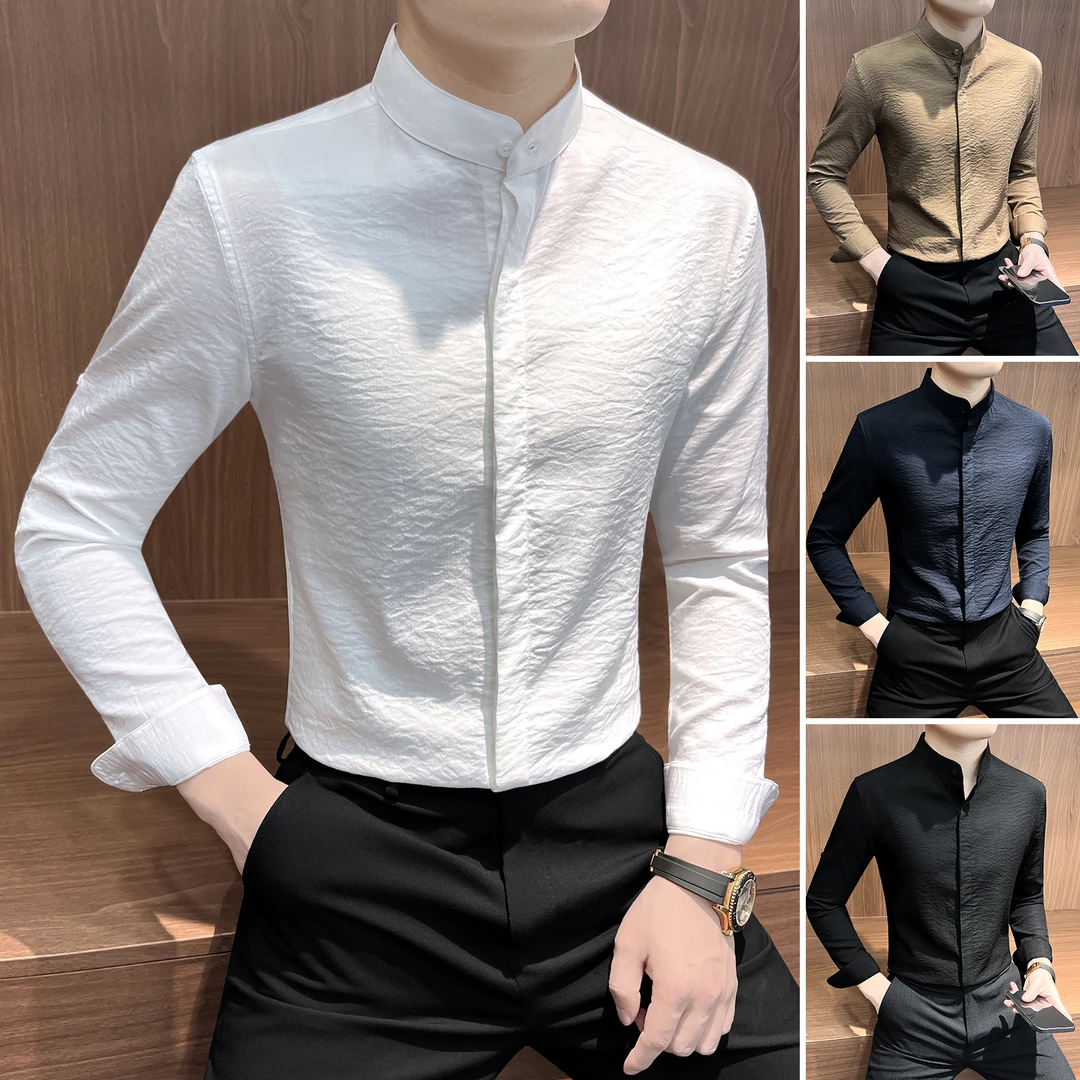 新中式立领衬衫长袖男款爆款2025新款痞帅高级感暗扣褶皱男士衬衣
