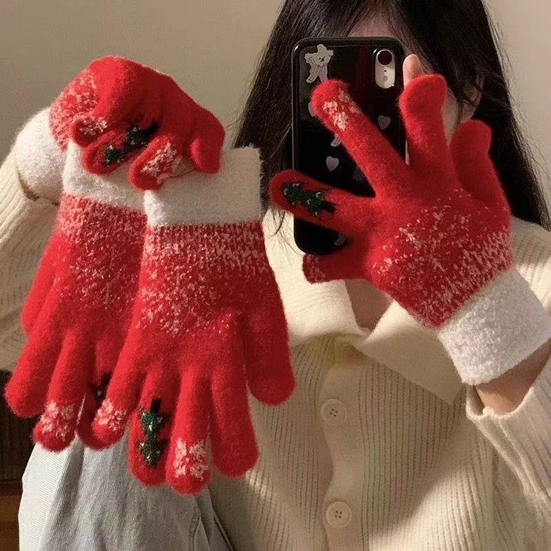 爱丽丝圣诞节露指触屏毛绒针织五指手套女冬季保暖加绒加厚防寒