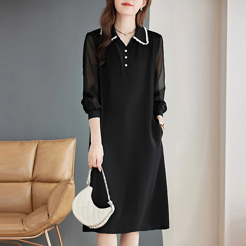 洋气长袖连衣裙女夏季翻领裙子宽松女装2025新款大码气质黑色长裙