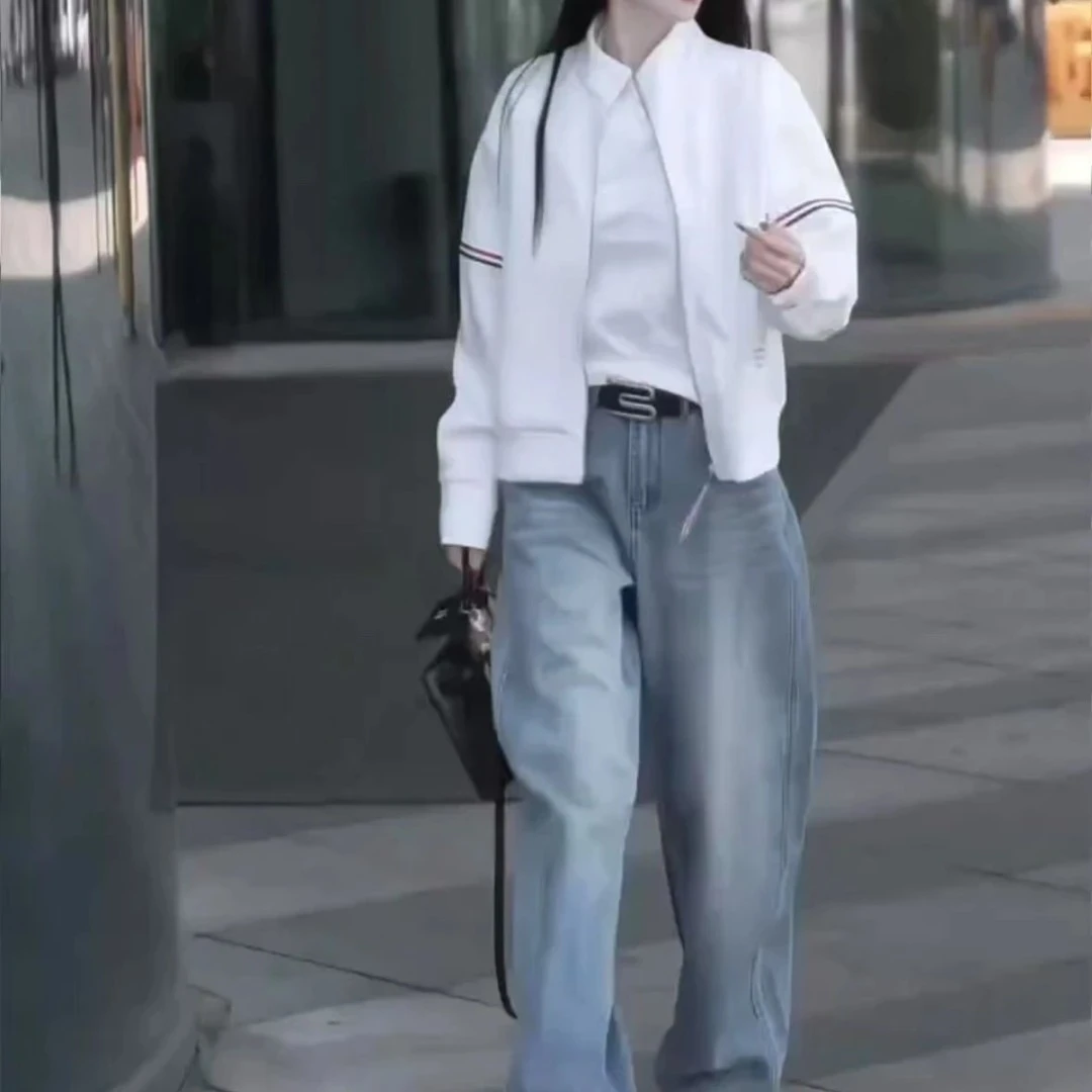 新款时尚拉链撞色外套高腰阔腿裤女装