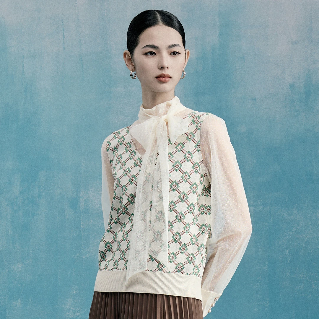 【粉丝专属】女装春毛针织衫套头款秋设计师冬蕾丝无袖VDS587SWH0