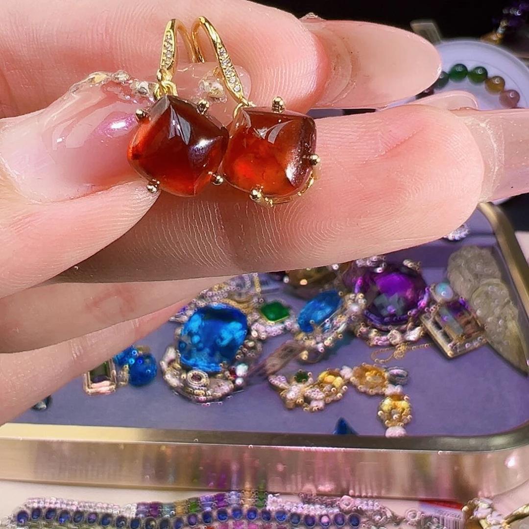 石榴石（芬达石）e耳钉银S925镶嵌