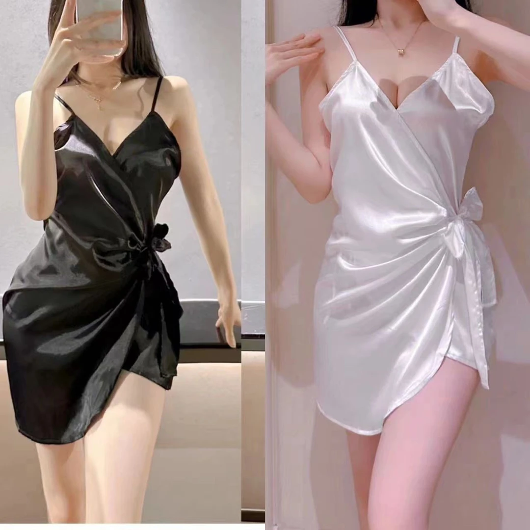 网红爆款情趣内衣女纯欲性感V领修身吊带纯欲复古缎面拼接睡裙