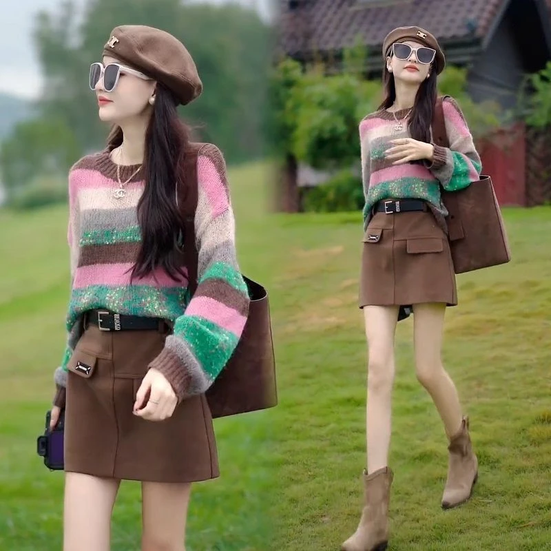 秋装搭配一整套时尚套装女2025新款条纹针织衫+毛呢半身裙两件套
