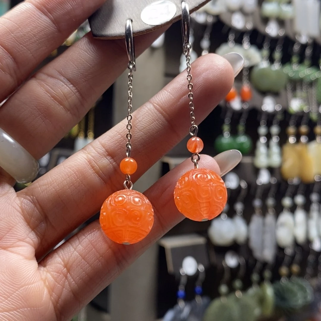 南红玛瑙耳饰银S925镶嵌༺****