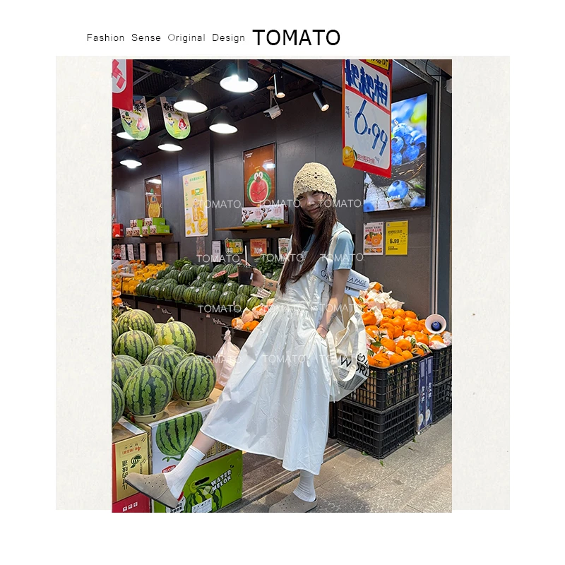 【TomaTo】夏季温柔风设计感侧边口袋褶皱吊带连衣裙 C25Q04273