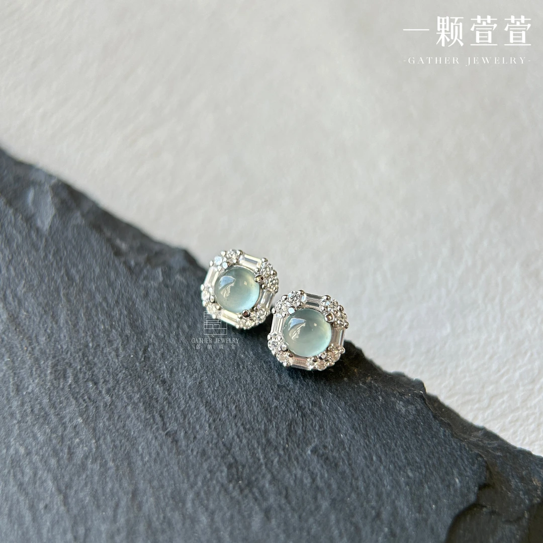 【经典公主方】一颗萱萱天然翡翠银镶耳饰630138精致百搭
