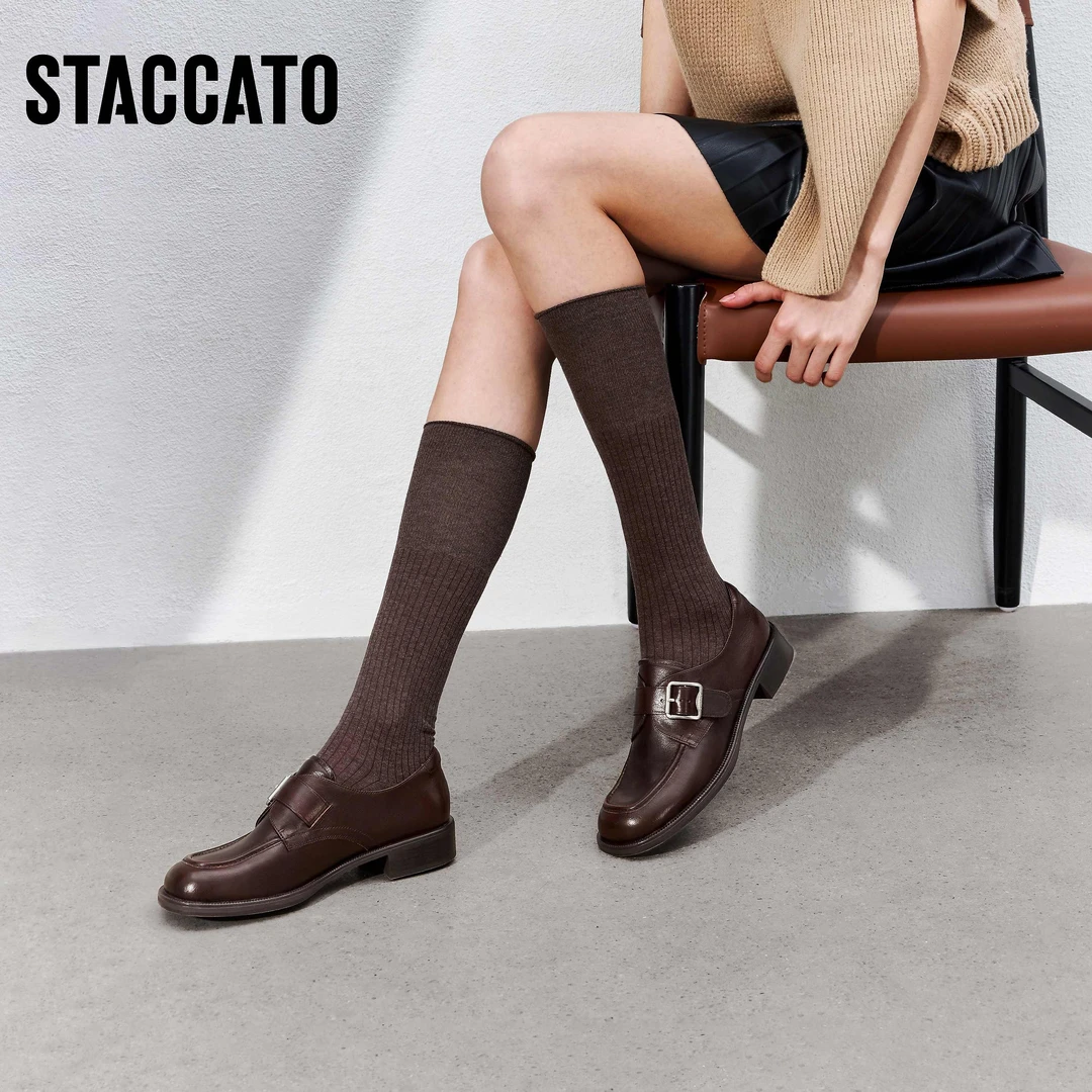 思加图2025新款流光风约克画报英伦风乐福鞋黑色小皮鞋女B8212AM5