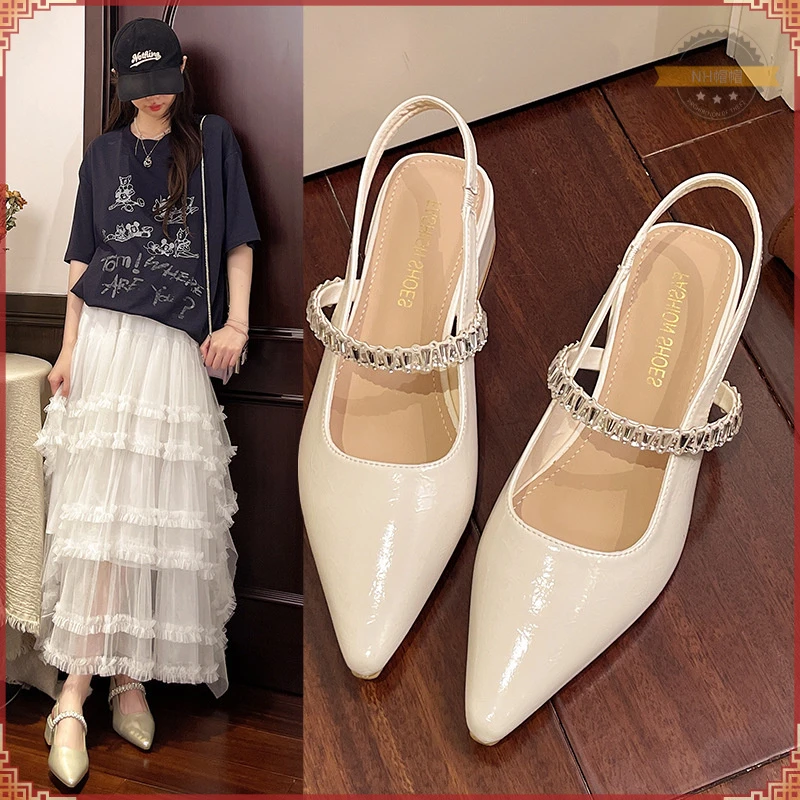法式百搭时尚仙女风单鞋凉鞋夏季粗跟中跟尖头玛丽珍一字带女时装