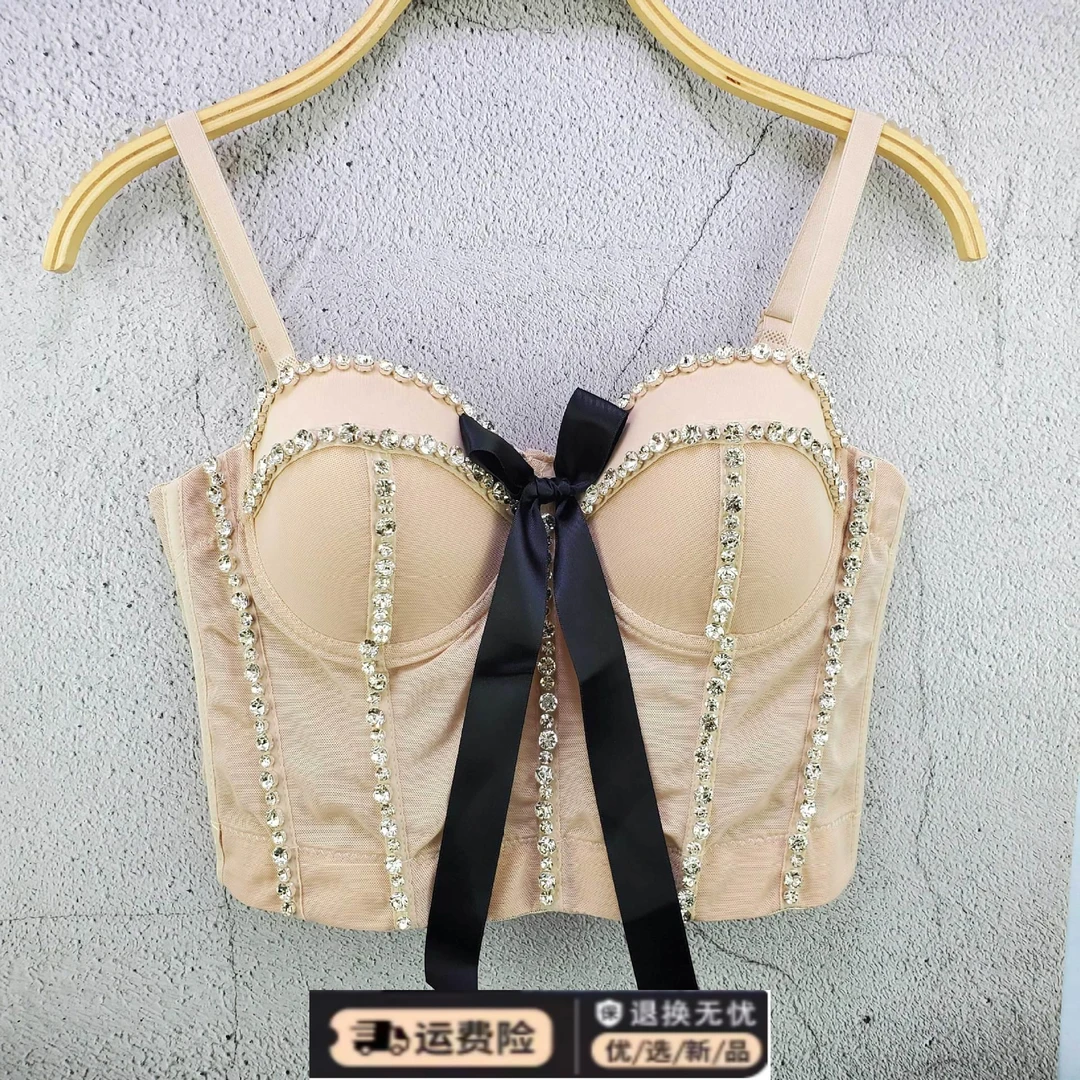 唯美钉珠水钻蝴蝶结网纱吊带背心外穿性感气质设计感短款上衣女