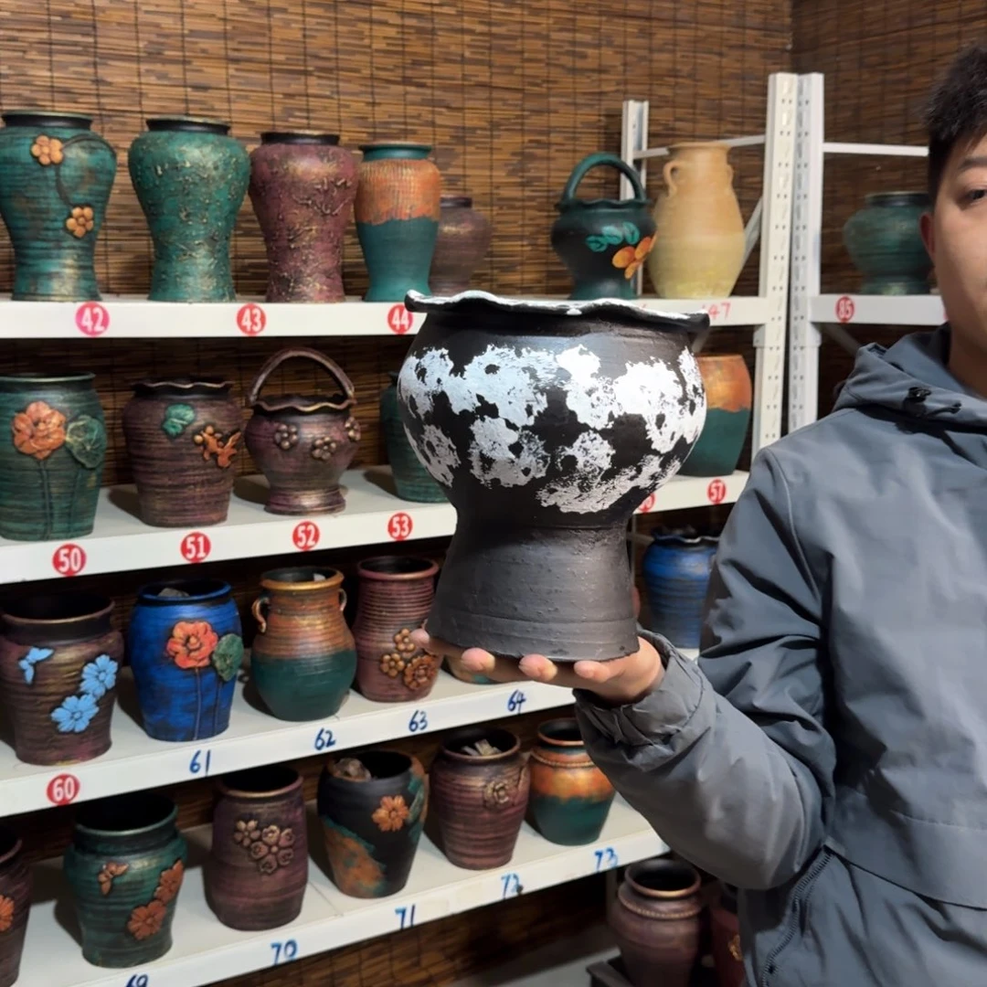 红陶红陶浮雕花盆炸炸炸