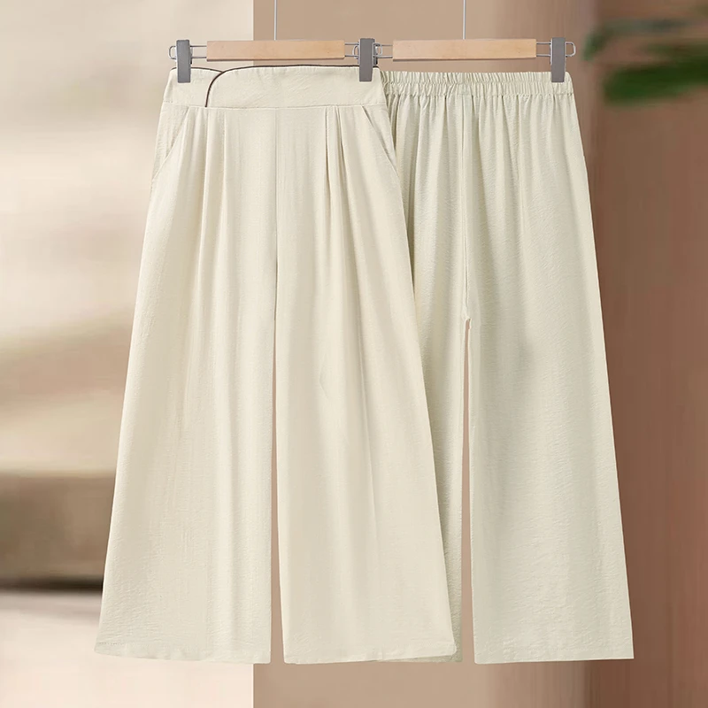 中老年阔腿裤胖妈妈夏季松紧薄款裤子加肥大码休闲女裤洋气九分裤
