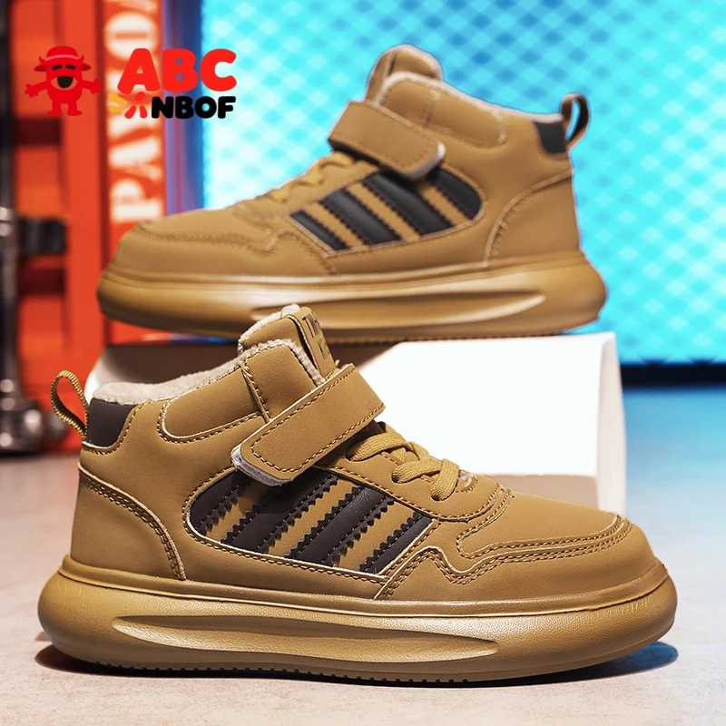 ABC NBOF男童鞋二棉鞋女孩子冬季新款皮面中帮加绒保暖儿童小板鞋