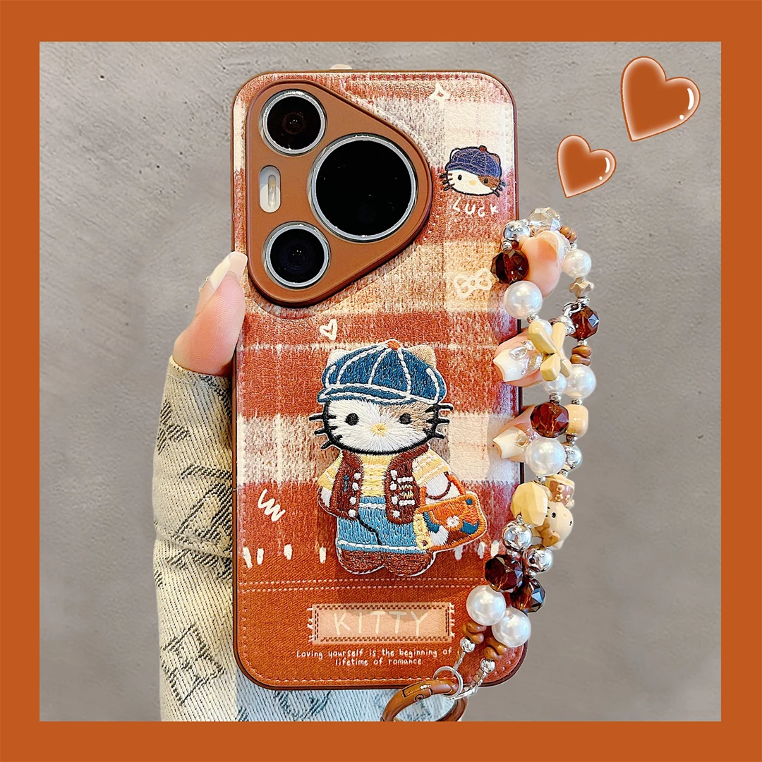 适用华为pura80pro+手机壳pura70pro棕格纹刺绣蓝帽KT猫mate60pro