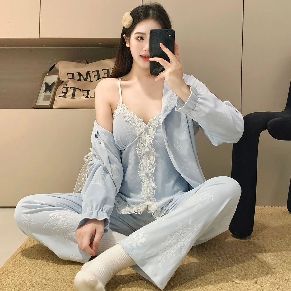 性感海岛绒吊带睡衣女秋冬季保暖蕾丝法式甜美长袖家居服三件套装