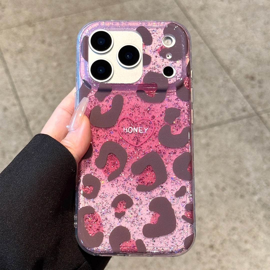 适用苹果17pro手机壳新款闪粉爱心豹纹高级感全包防摔小众女款ins