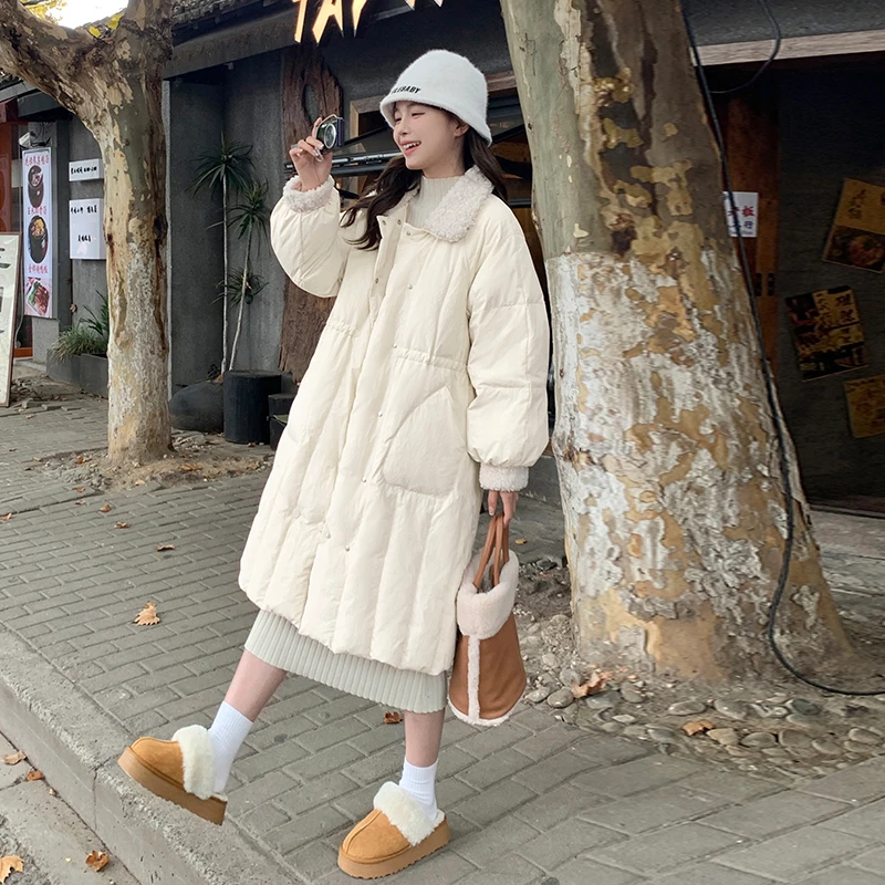 羊羔毛羽绒服女中长款休闲外套