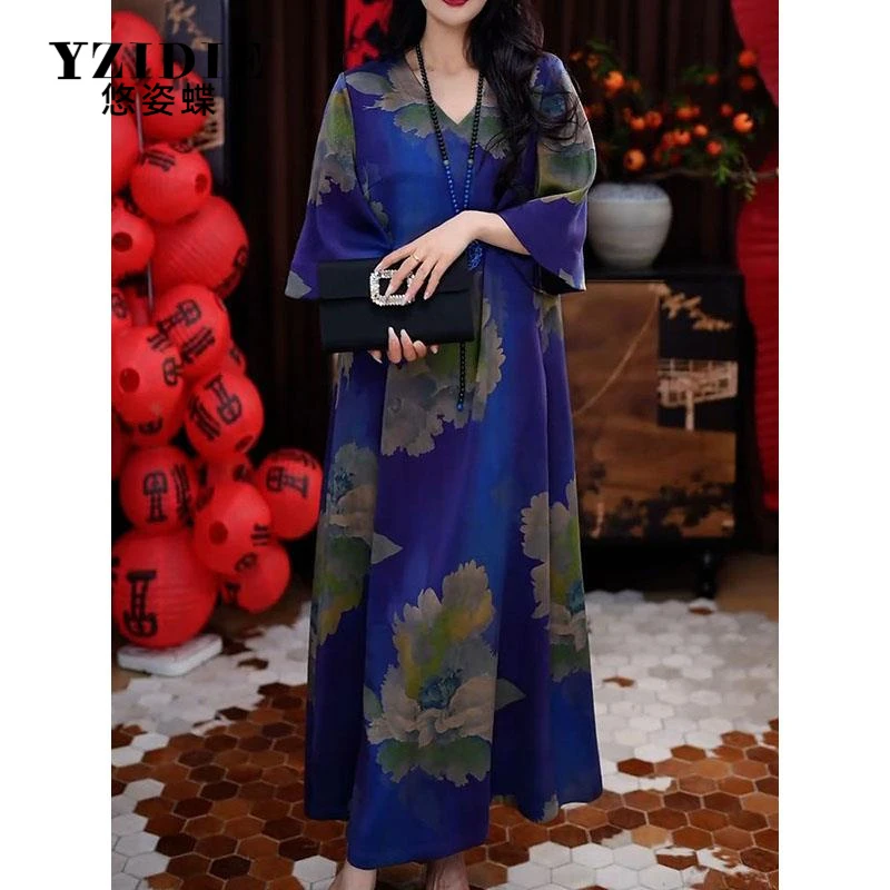YZIDIE新品2025夏款时髦复古文艺范高雅气质藏肉显瘦印花超长连衣