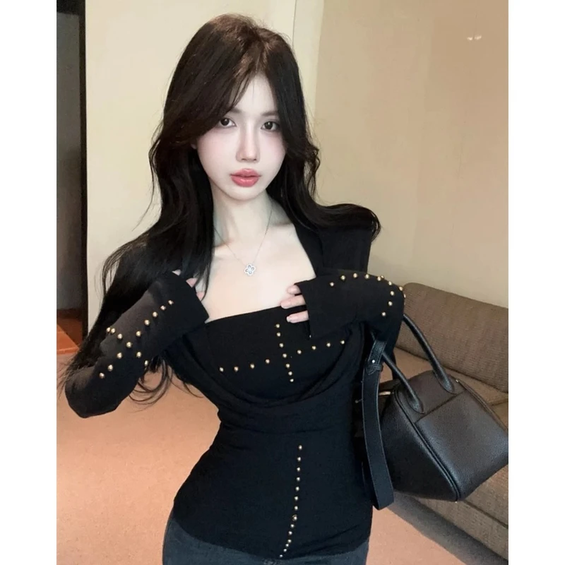 黑色大码甜酷风铆钉十字架长袖打底衫女早秋季辣妹修身上衣两件套