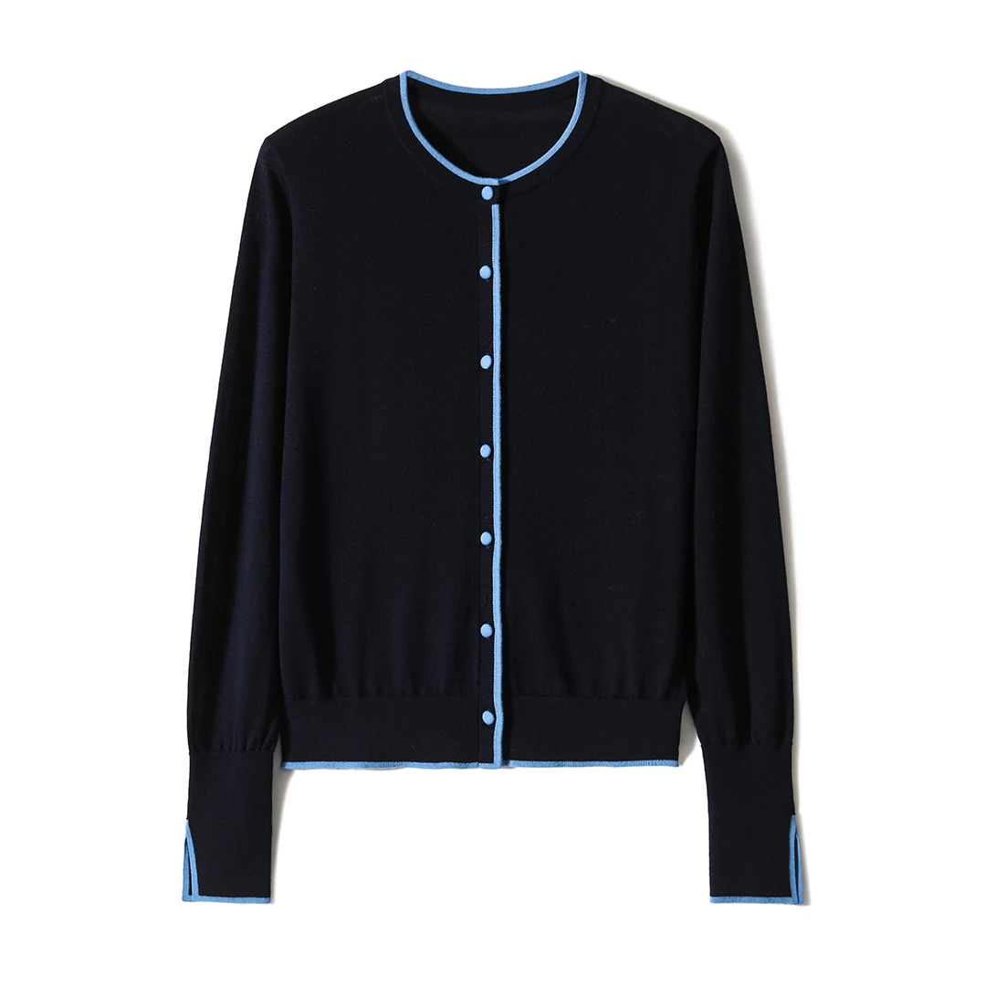 SEPT CHIC 冰岛夜蓝 德国扬子纱羊毛圆领撞色针织开衫S81221ZWIAG