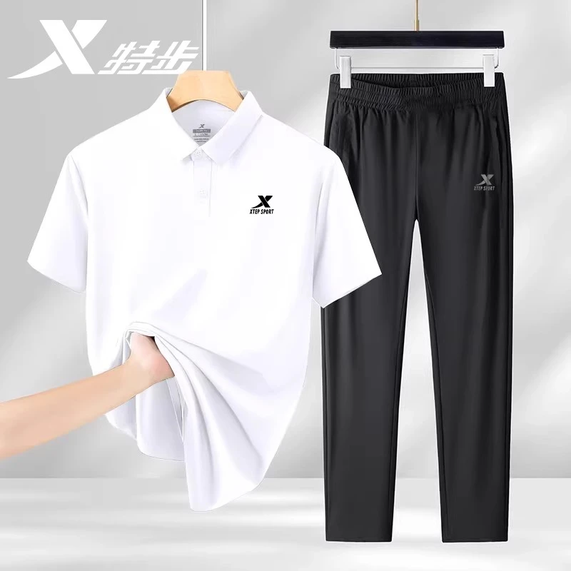 特步运动套装男女2025夏季透气速干polo直筒长裤休闲工作服两件装