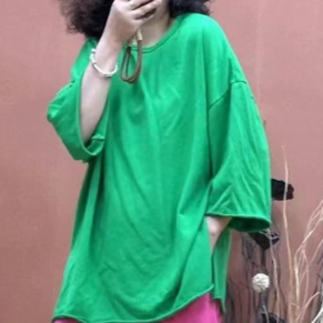 七分袖常规款纯色拼接宽松型T恤67355