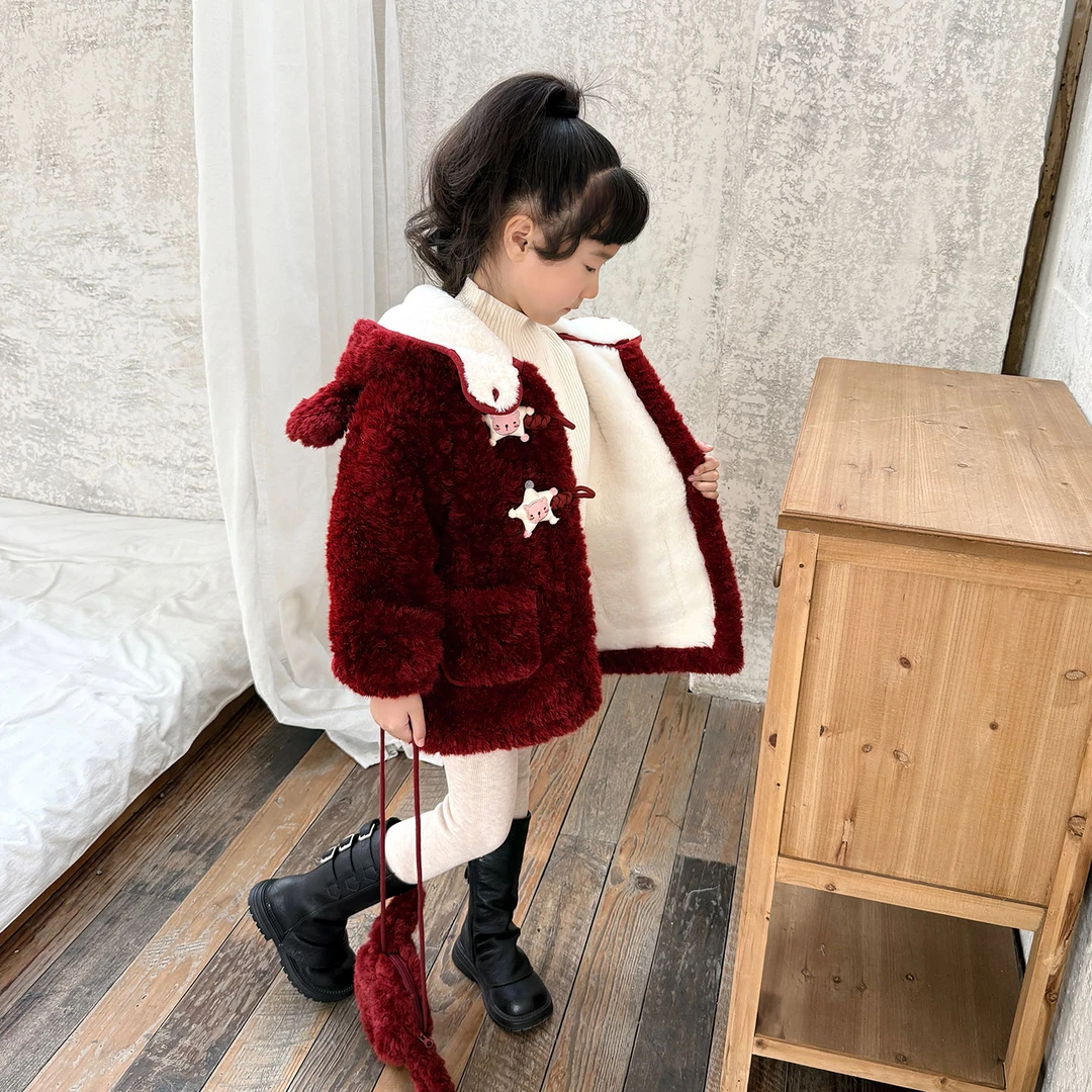 女童加绒外套儿童韩系连帽中长款毛毛衣女宝宝仿兔毛大衣秋冬上衣