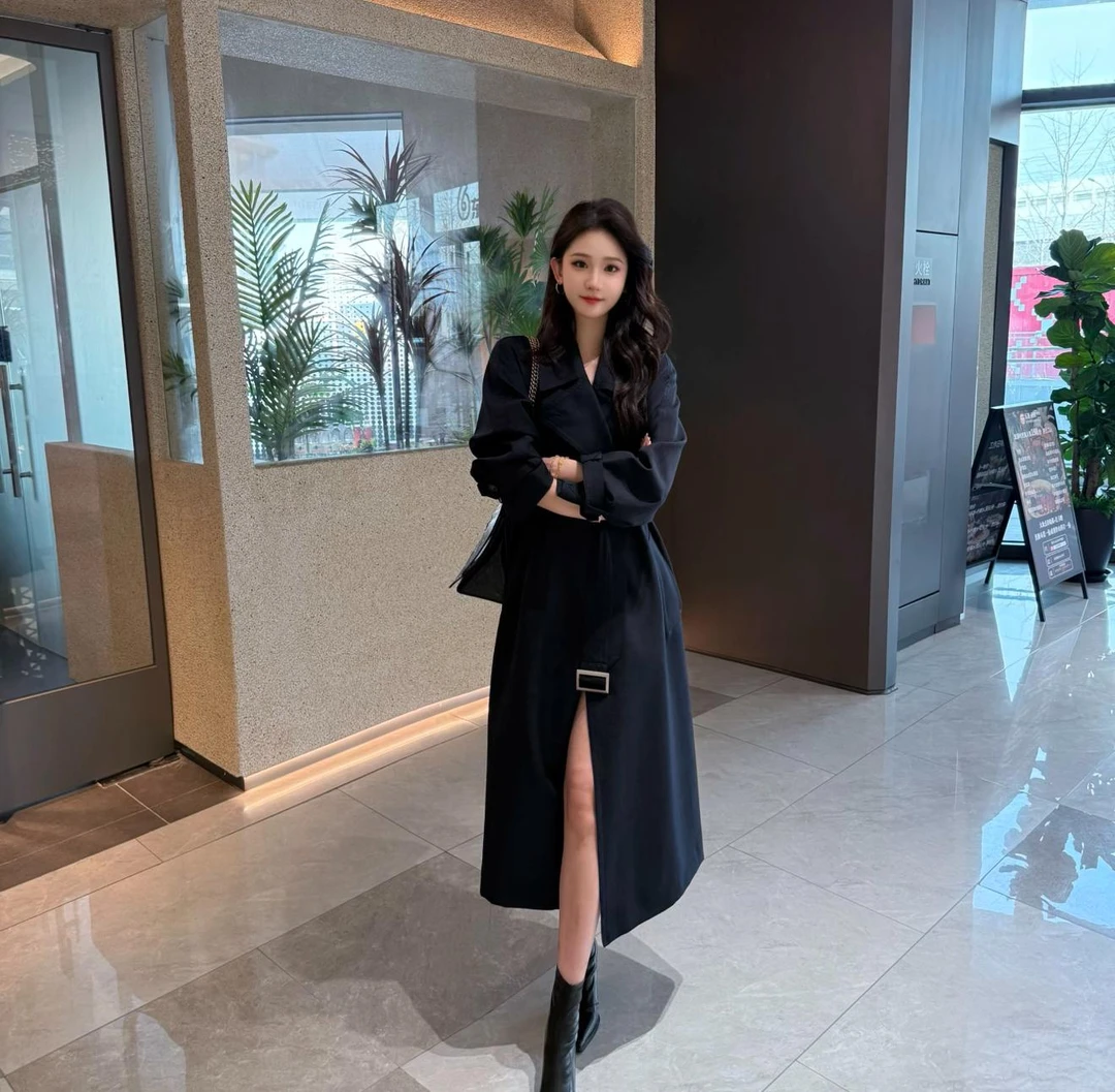 2025秋季新款复古气质时尚翻领系带小个子风衣中长款外套女