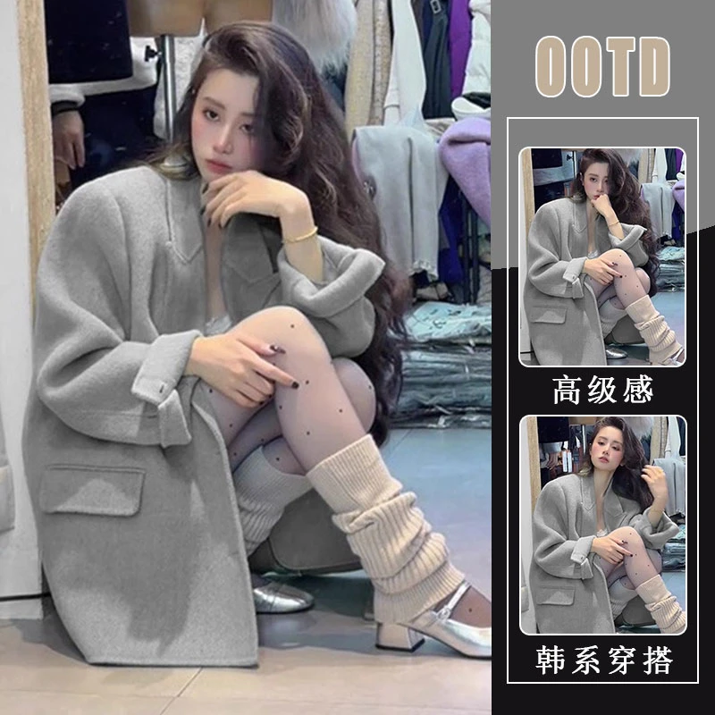冬季2024新款高端炸街爆款时尚洋气小个子百搭灰色西服毛呢外套女