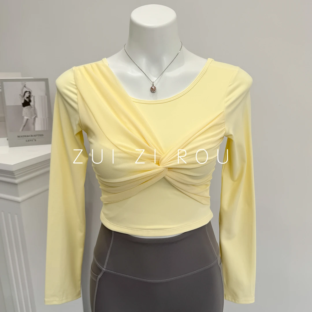 扭结长袖瑜伽上衣女带胸垫镂空美背春秋季普拉提健身衣运动紧身衣