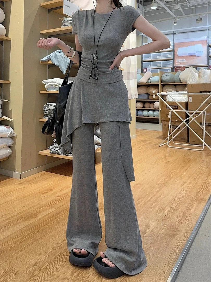 【丸子家】大码甜辣一字肩不规则斜肩堆褶T恤/喇叭裙裤套装6503