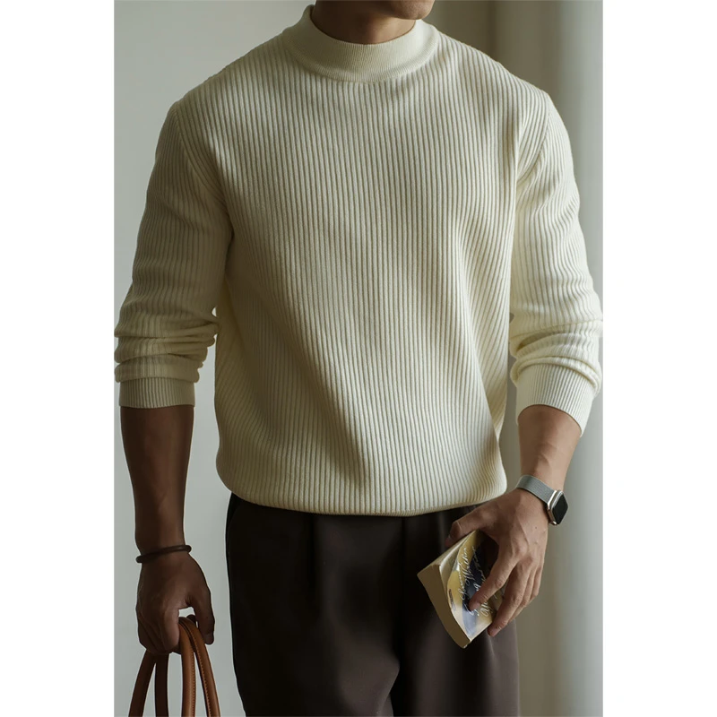 莱赛尔羊毛12针肌理感半高领白色毛衣男士秋冬老钱风休闲针织衫