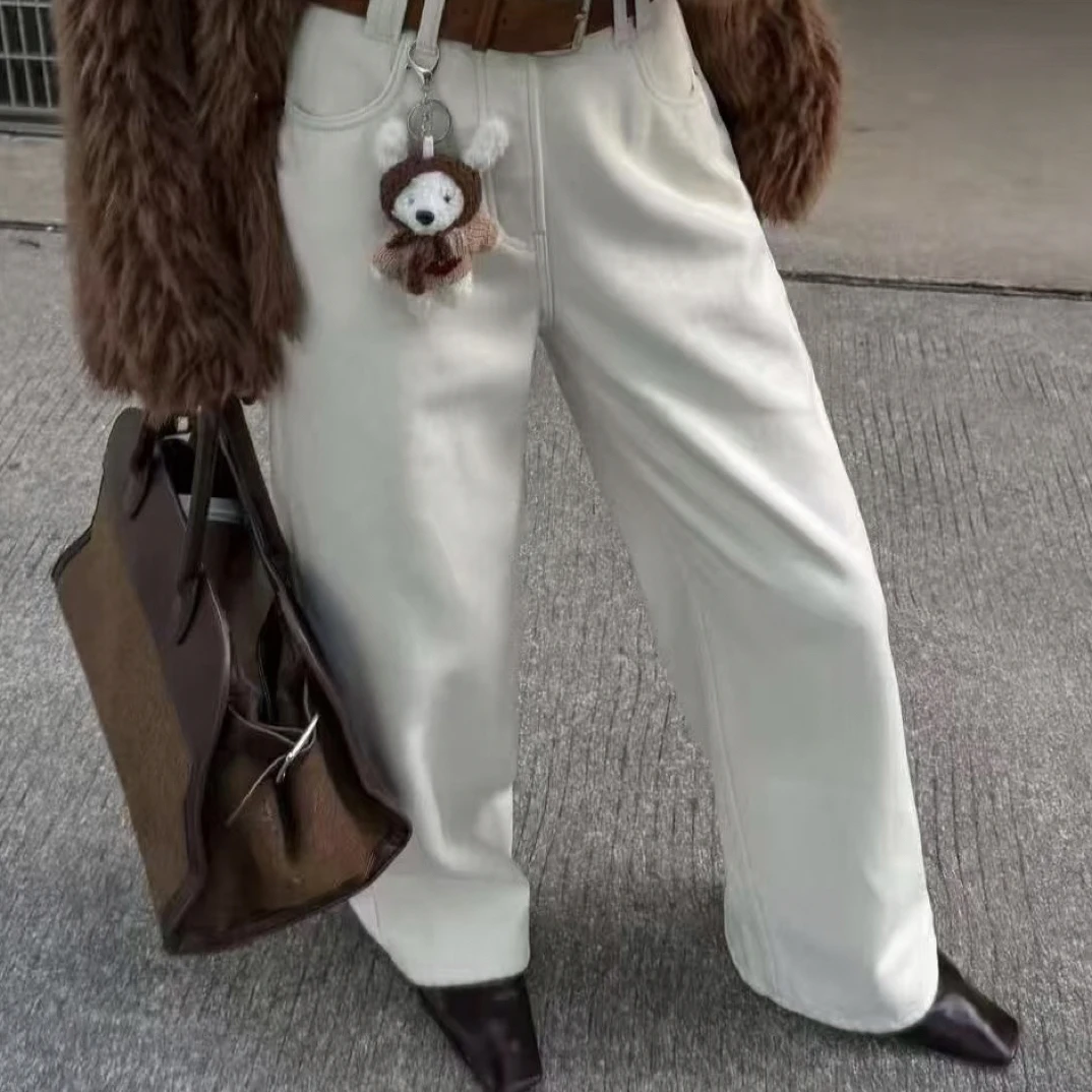 冬季高腰显瘦直筒牛仔裤女加绒加厚遮肉显腿直宽松微弹窄版阔腿裤