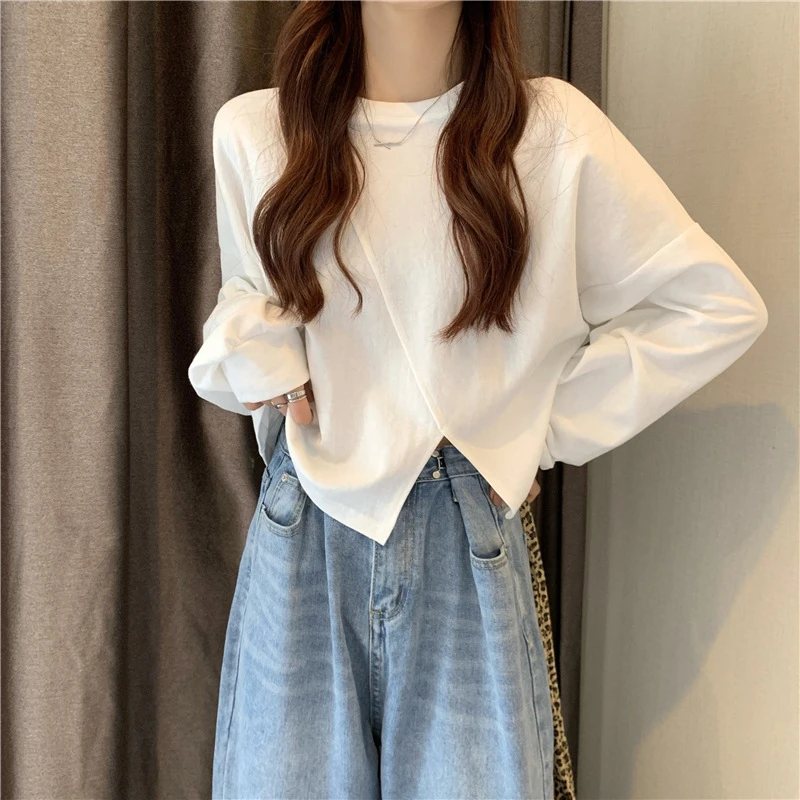 高品质2024秋季新款宽松长袖恤女日韩休闲打底衫短款上衣薄款恤