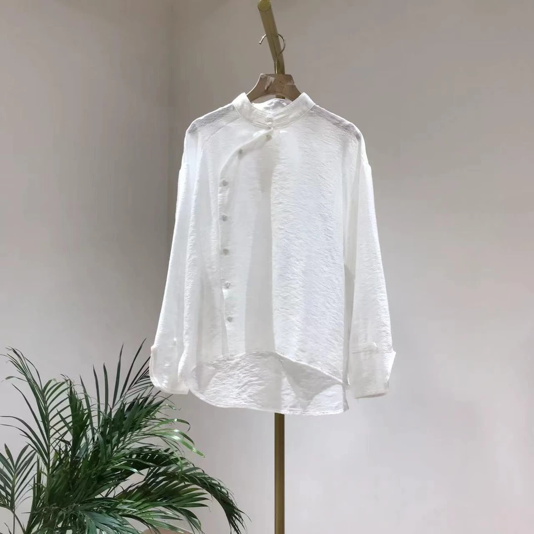 S2287国风侧门襟盘扣宽松棉府绸长袖白衬衫女2025早春