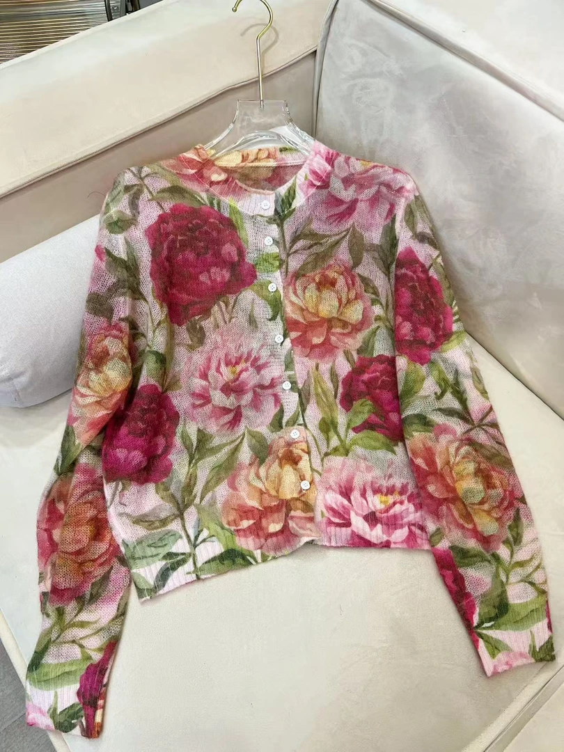 牡丹花马海毛法式开衫羊毛针织软糯羊绒扎染