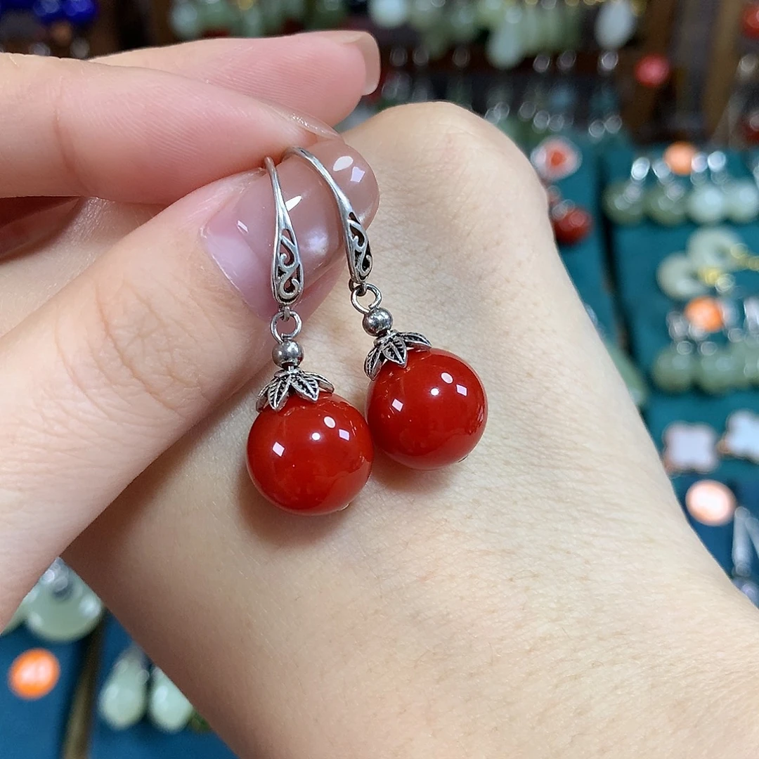 玛瑙/玉髓银S925镶嵌耳饰卡12mm左右锦红