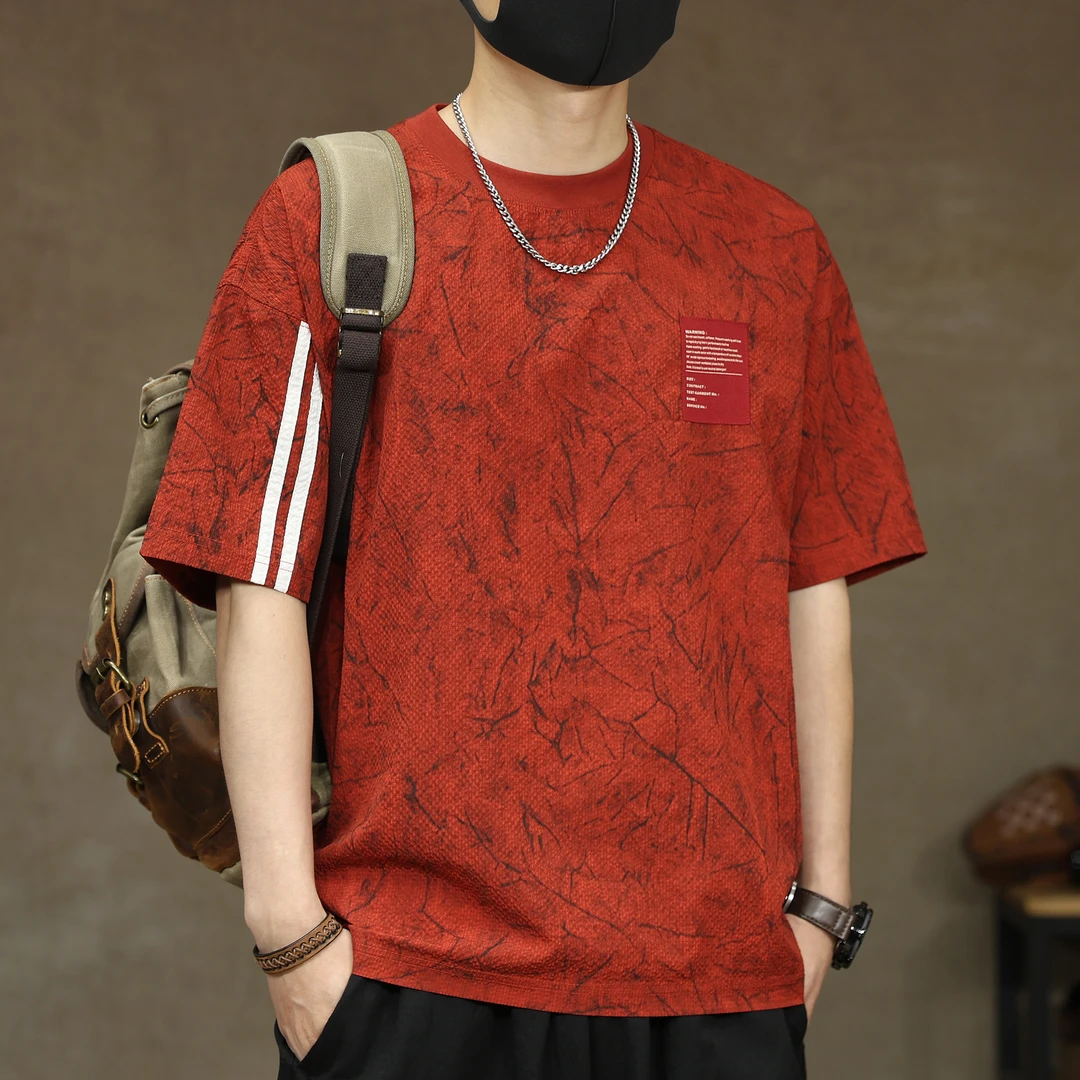 高端冰丝凉感条纹泡泡纱短袖T恤男夏季薄款宽松圆领大码半袖体恤T