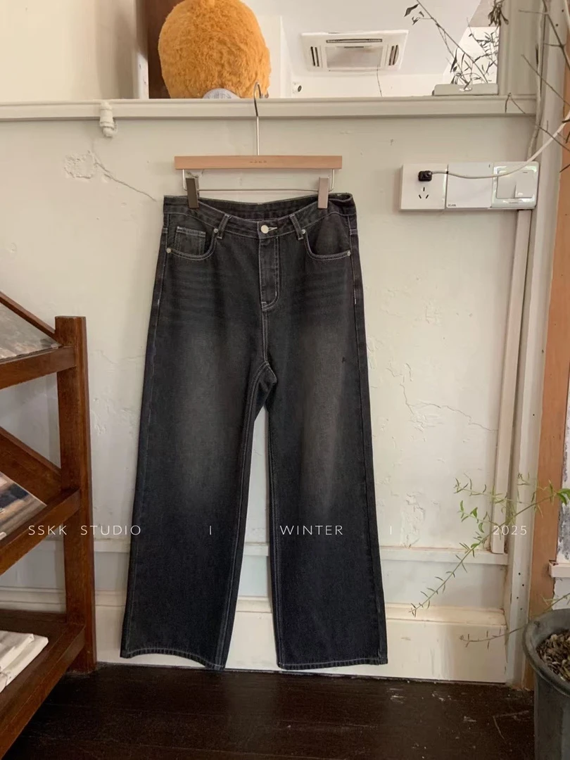 KMZY/KMZY山_山【美式甜酷】微胖复古甜酷休闲高腰黑灰色直筒牛仔裤