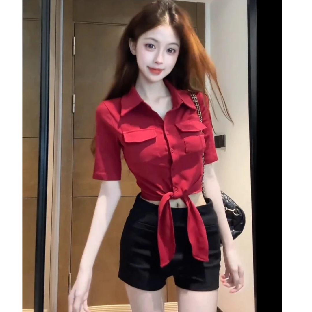 2025夏季新款纯欲风翻领中袖衬衫女夏季设计感辣妹上衣裤子两件套