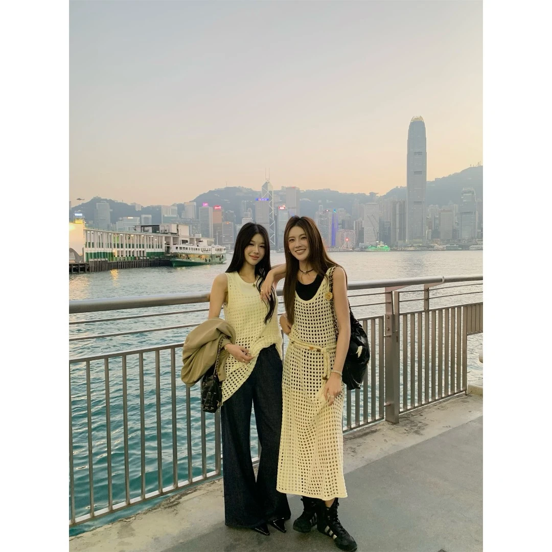 PP LAND 叠穿配方 镂空杏色设计感吊带背心长款U型领宽松连衣裙