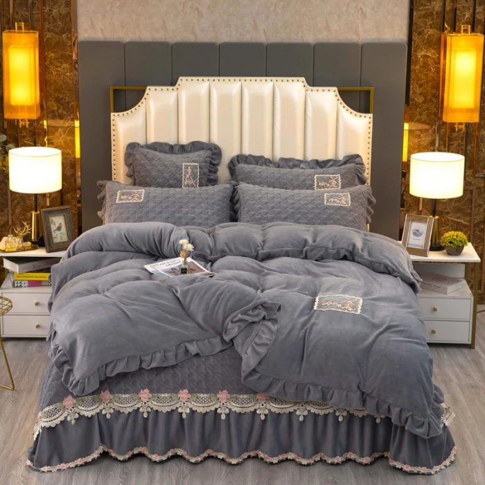 高档12斤欧式牛奶绒夹棉床裙床盖四件套加厚四件套牛奶绒双面绒