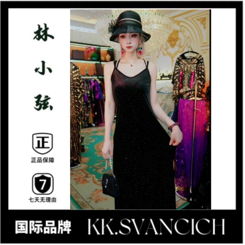 608黑色水晶吊带裙晚礼服吊带大码连衣裙中长款女显瘦女裙